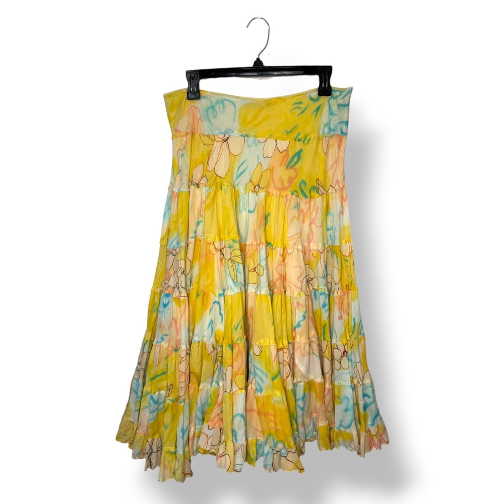 Chaundry Sports Women's Medium Tiered Maxi Skirt Yellow Watercolor Floral Boho‎